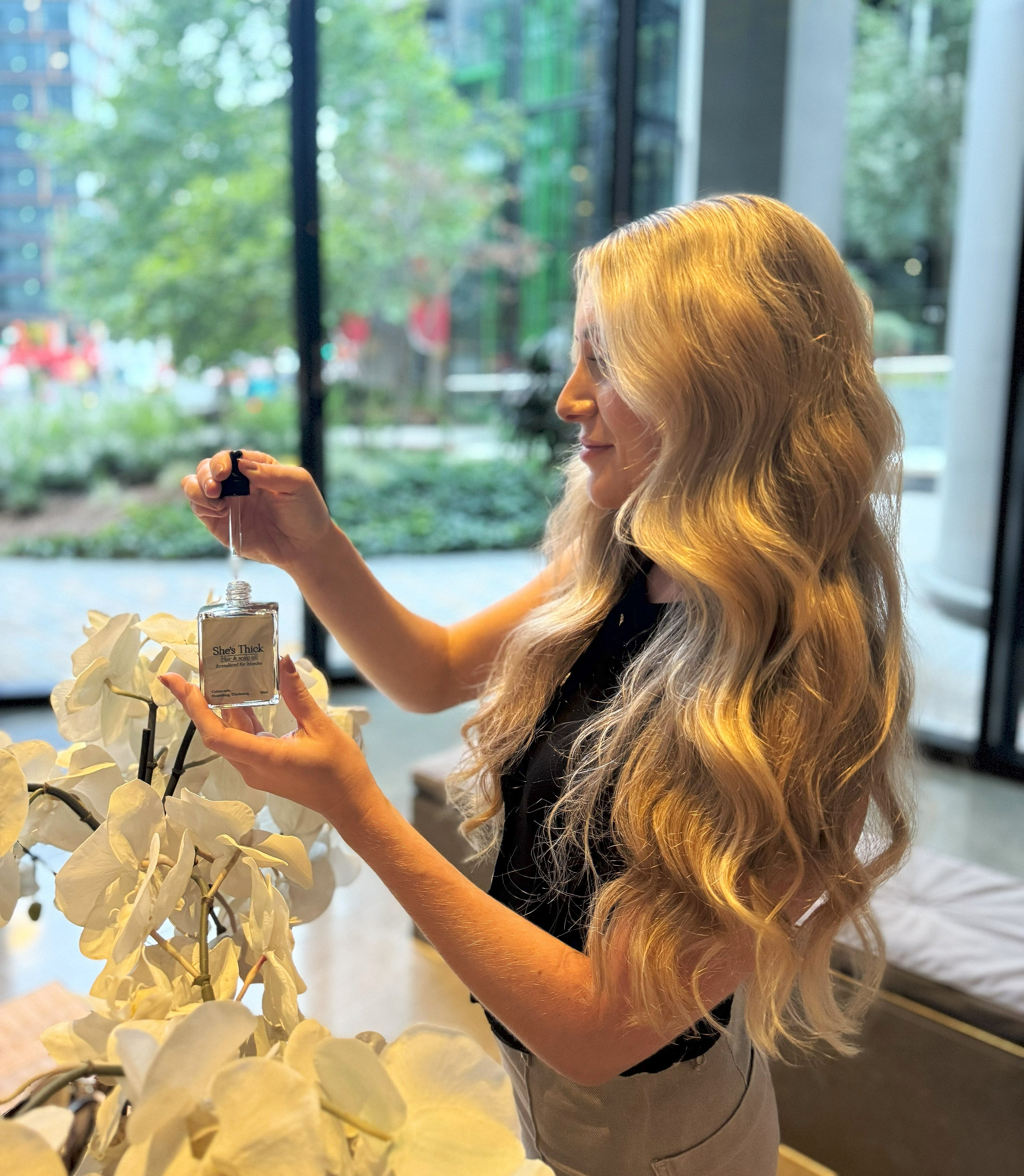 Founder-of-hair-oil-that-thickens-blonde-and-color-treated-hair